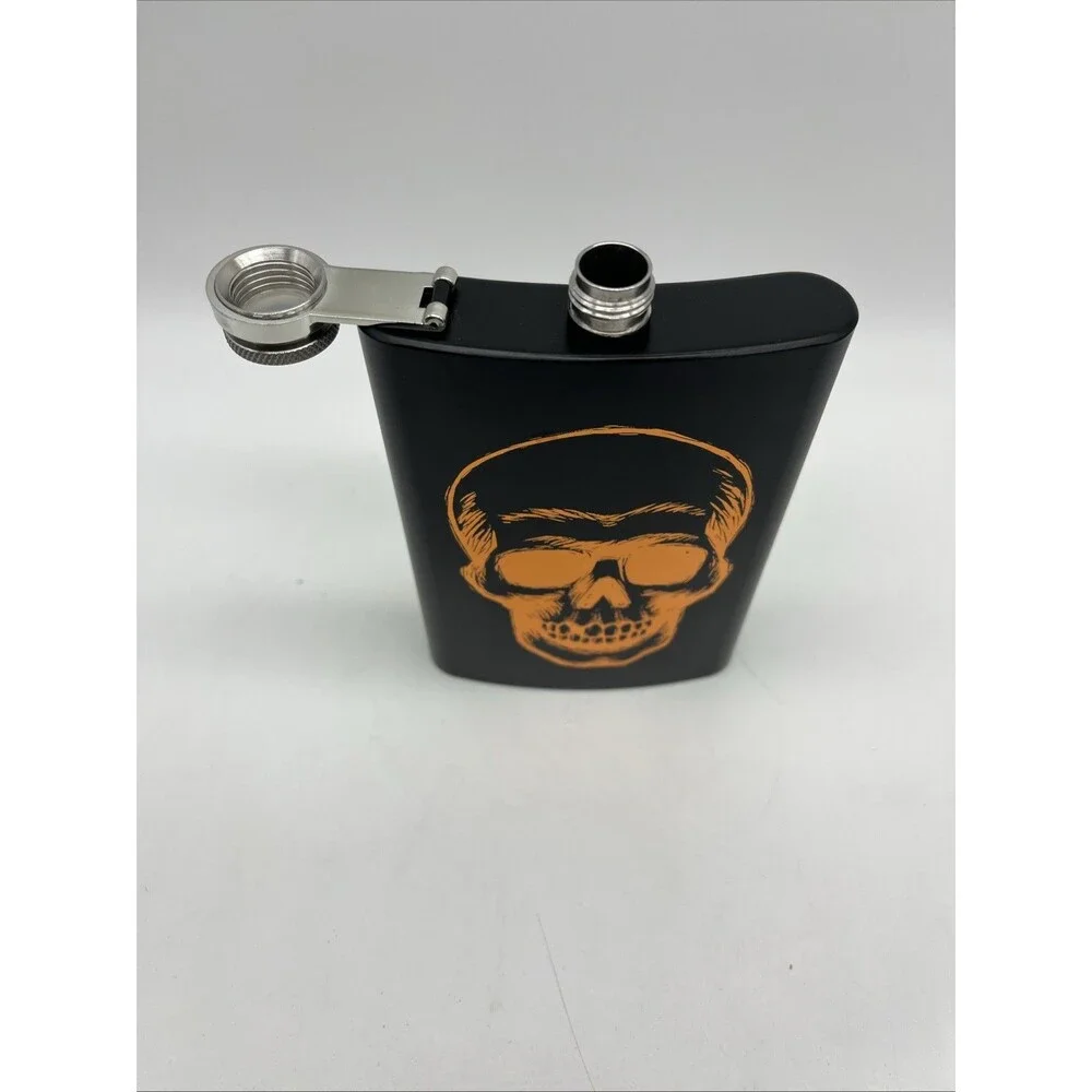 Matte Black 8 oz. Stainless Steel Hip Pocket Flask - Skull Design, New W/out Box